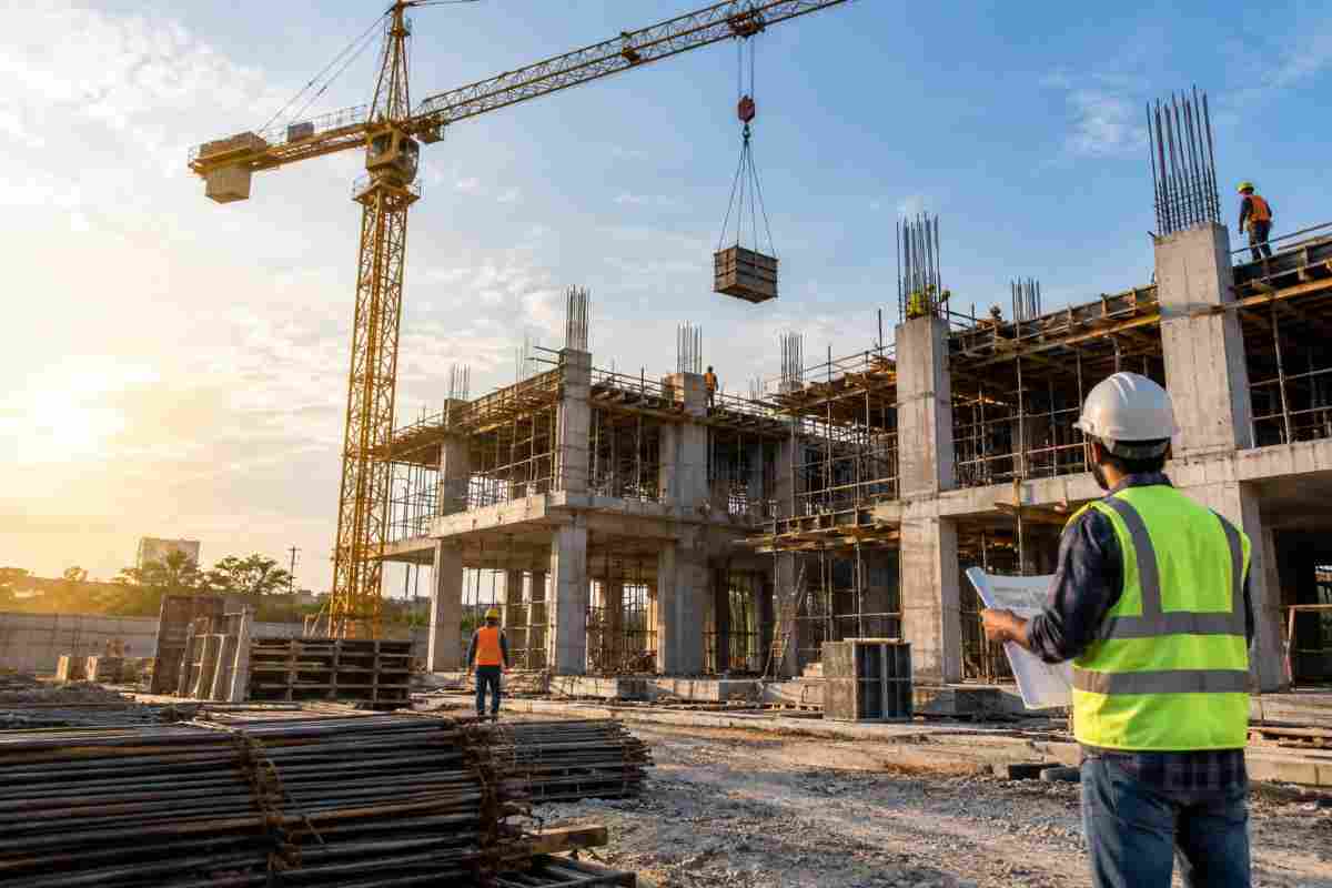 Active multi-storey building construction with workers and a tower crane