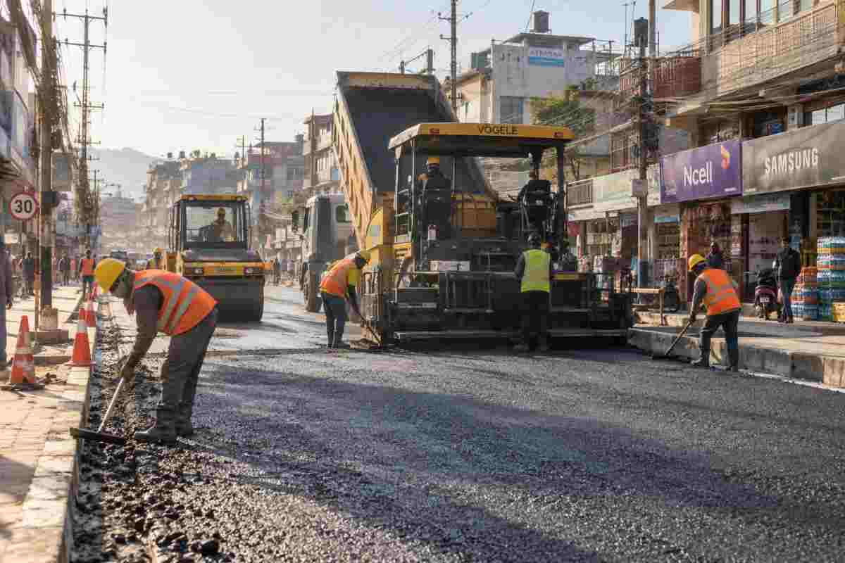 Active urban road paving with construction workers and heavy equipment