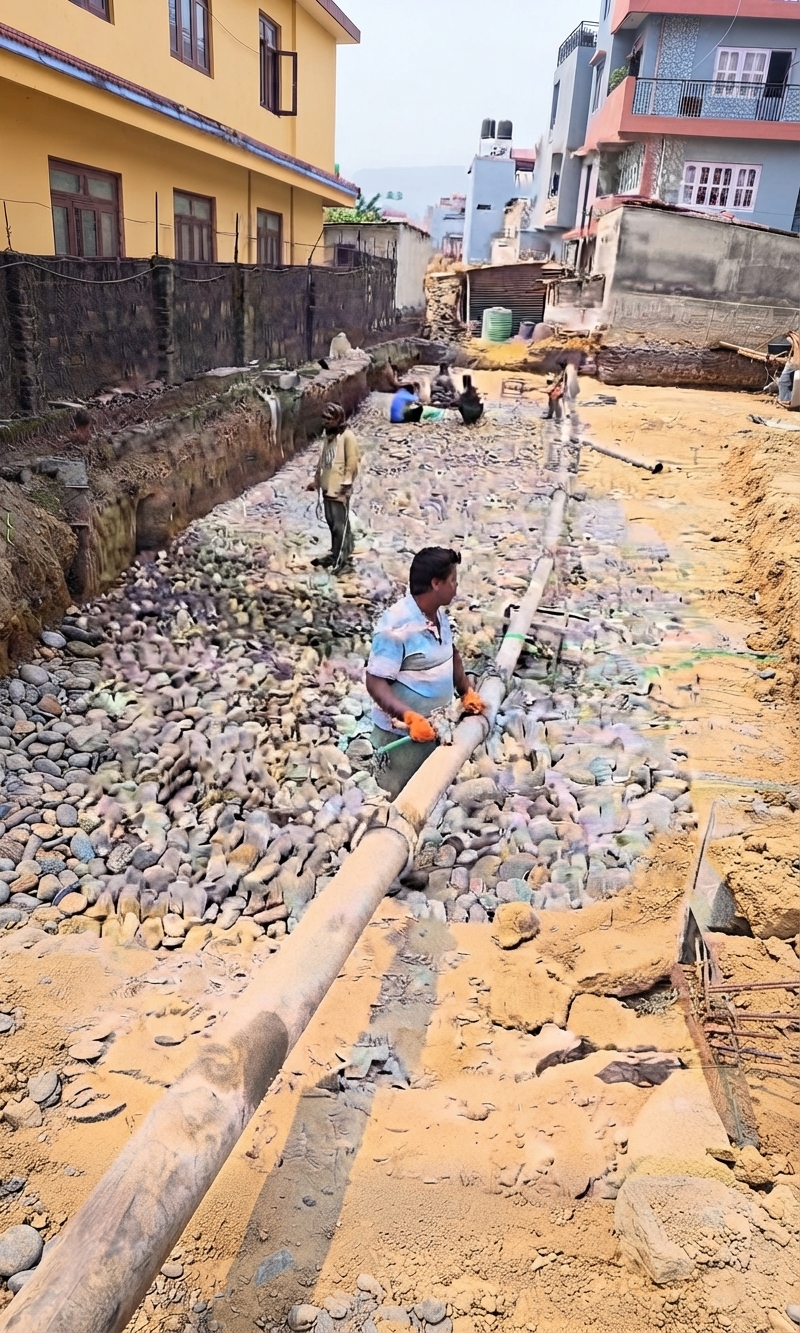 Stone base preparation at an infrastructure work site