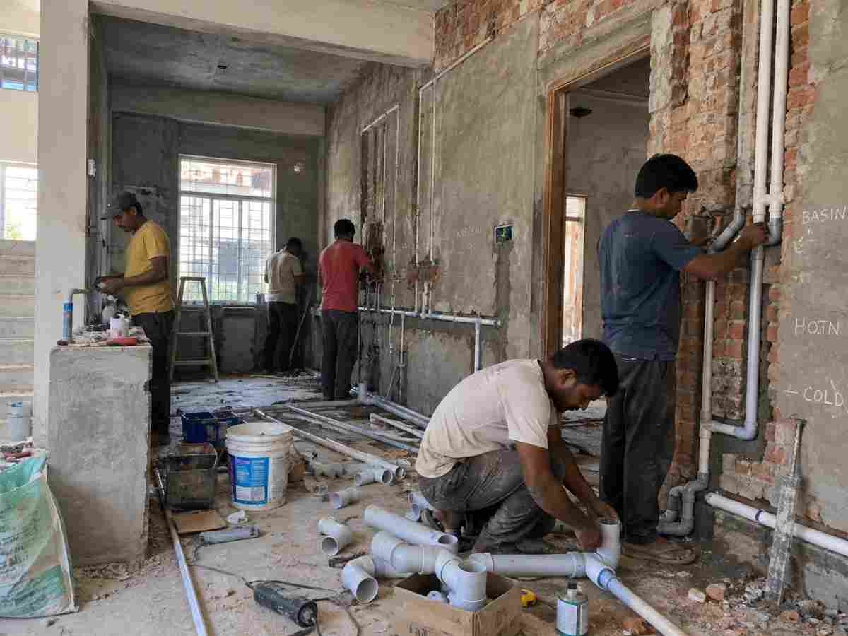 Plumbing installation work inside a building