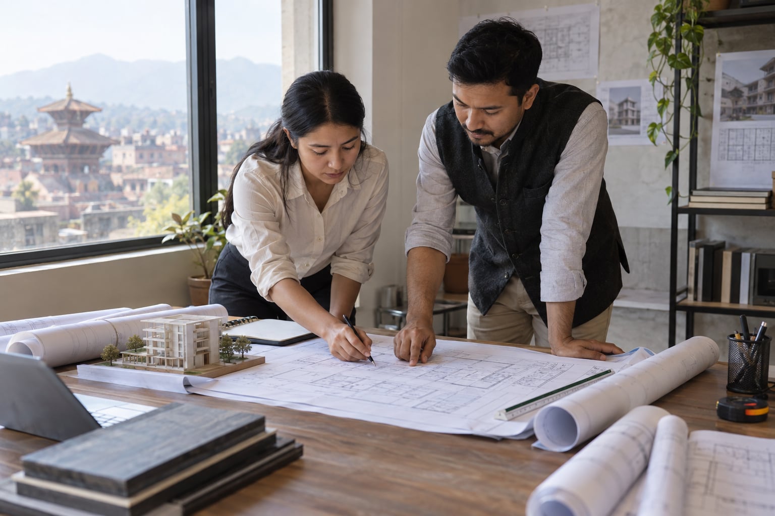 Architect and engineer reviewing building plans