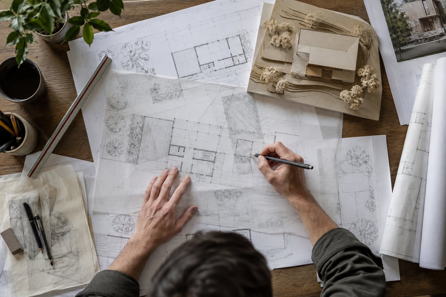 Architectural drawings and model during project planning