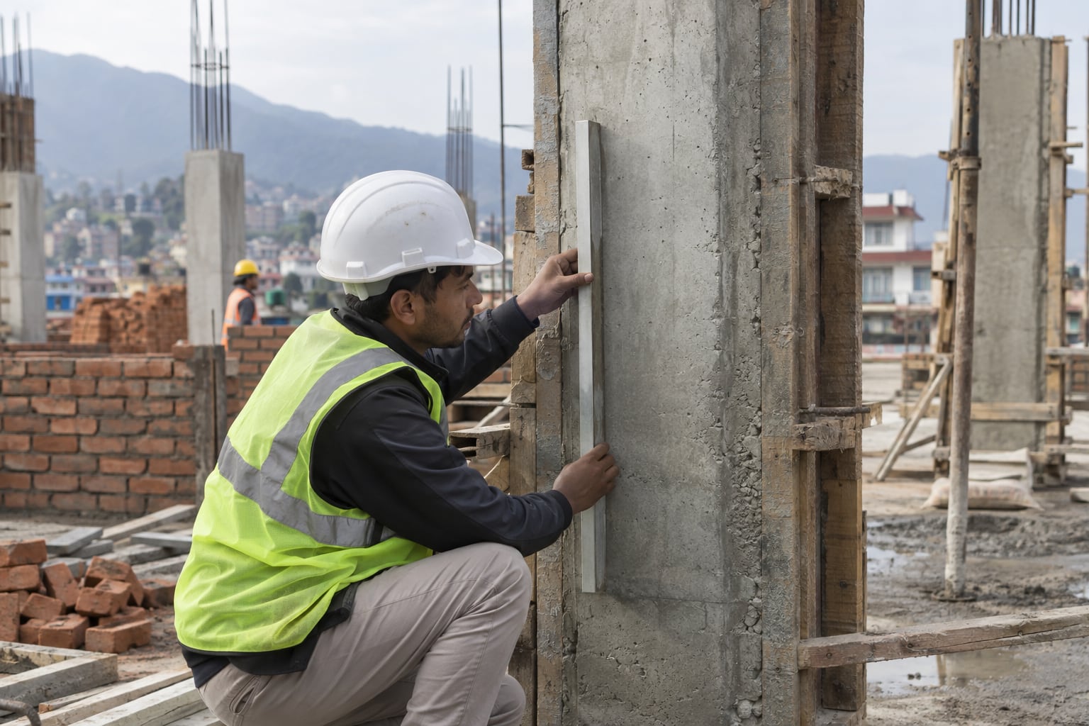Site engineer inspecting concrete workmanship