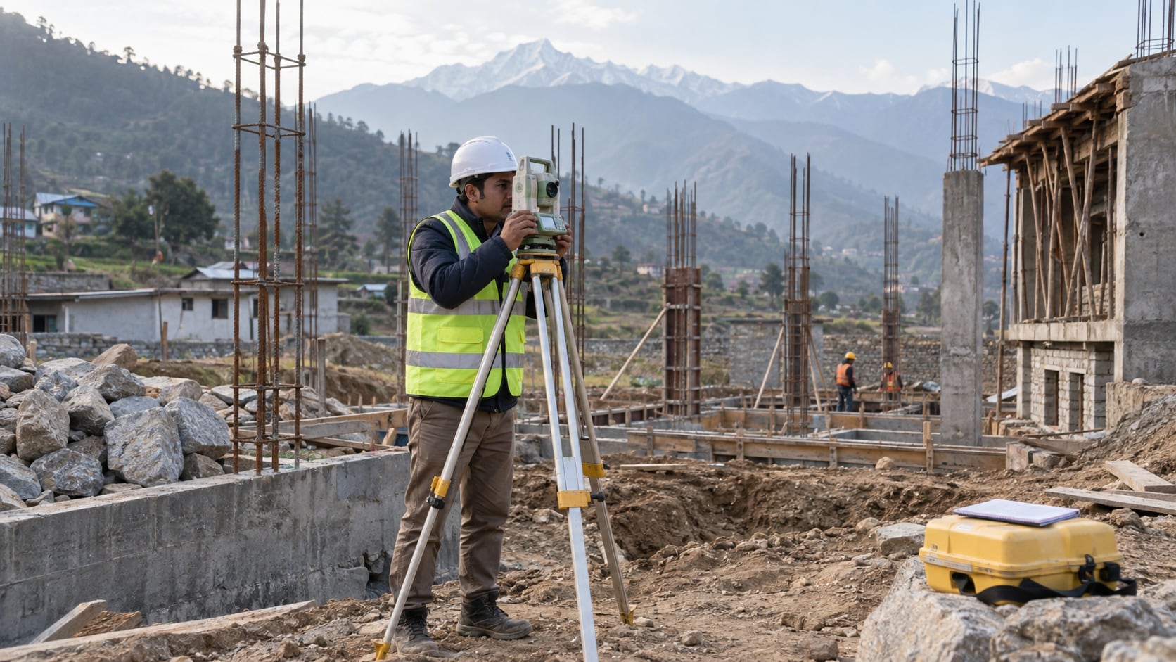 Surveyor assessing an active construction site